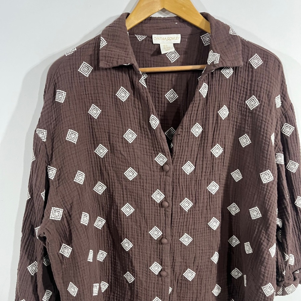 Cynthia Rowley Fairy Grunge Artsy Brown Double Gauze Cotton Embroidered Top 1X - Picture 2 of 9